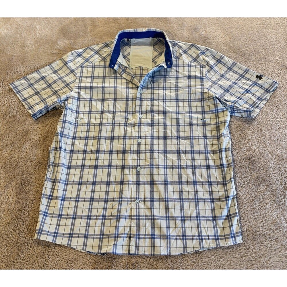 Under Armour Men's L HeatGear Plaid Button Down Shirt Blue White Short Sleeve